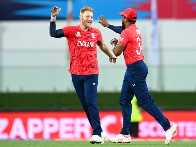 Chris Jordan is congratulated by Ben Stokes 