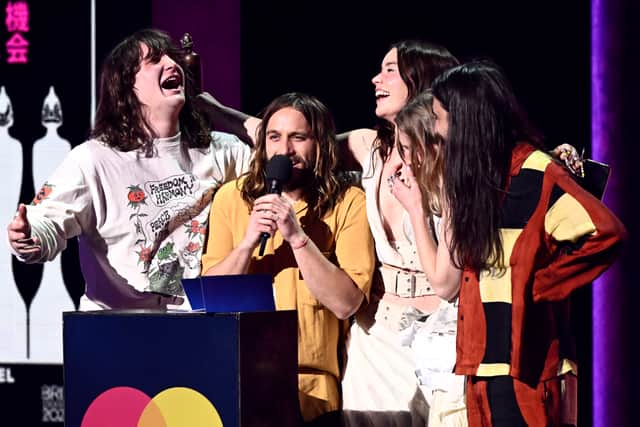 Wet Leg’s bassist Ellis Durand (far right) said: “F*** the Tories,” forcing ITV to quickly censor the line.