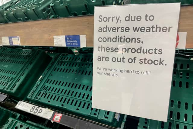 Empty shelves are seen in the fruit and vegetable aisles of a Tesco supermarket on February 22 in Burgess Hill.