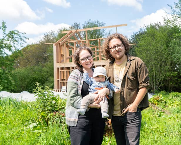 Guy, Viki and Baby Leon, Landmatters Permaculture Community, Devon as the young couple talk about their journey to off grid living.