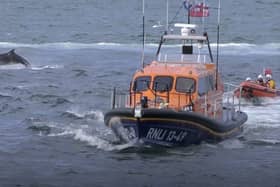 Dolphins swim alongside RNLI lifeboat in Whitby, North Yorkshire. 