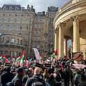 March For Palestine protesters outside All Souls Langham Place, near the BBC's Portland Place headquarters. (Photo by André Langlois)