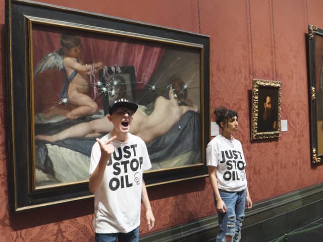 The glass protecting the Rokeby Venus was shattered with safety hammers, the group claimed (Just Stop Oil/Supplied)