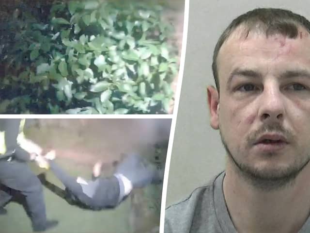 Police body worn footage shows the arrest of Liam Curry, 28, who was dragged from a bush by officers after a spate of burglaries on a posh housing estate.