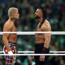 Roman Reigns and Cody Rhodes look on during Night Two at Lincoln Financial Field on April 07, 2024 in Philadelphia, Pennsylvania.  (Photo by Tim Nwachukwu/Getty Images)