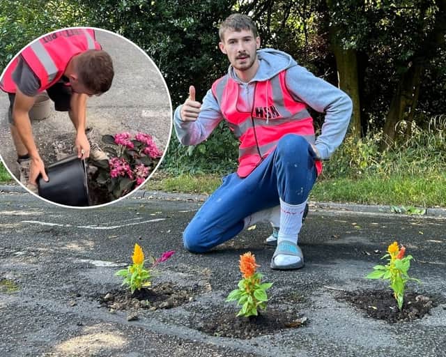 West Sussex landscaper Harry Smith-Haggett, 22, has been filling in Horsham's potholes with flowers dubbed 'pretty potholes'.