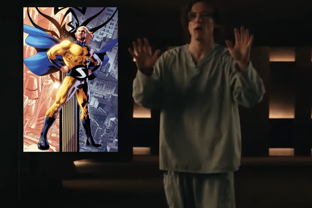Sentry, played by Lewis Pullman (main) and his comic book counterpart (inset). Little is known so far how Sentry fits into the film, leading to widespread questions who the character is in the comic book franchise.