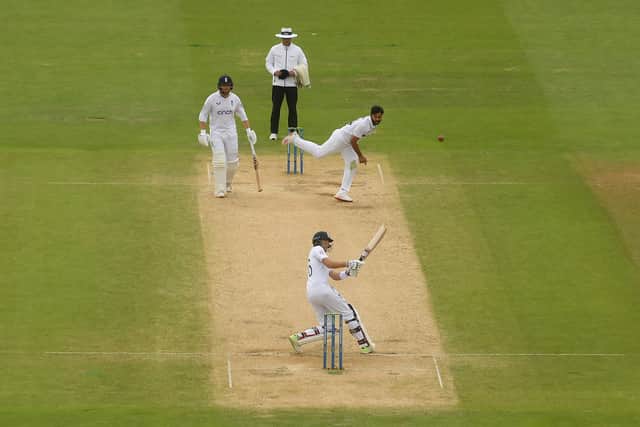 Joe Root of England scoops Shardul Thakur of India for six during Day Five of the Fifth LV=Insurance Test Match at Edgbaston on July 05, 2022 in Birmingham, England.