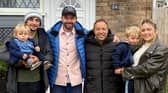 Bethany Fletcher and partner Dylan Naylor with kids Theo and Louis, and actor Stephen Graham, outside their home used for filming in hit Netflix series Adolescence.