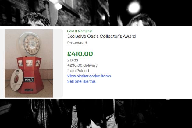 This collectors award for Oasis fetched £410 after only two bids on eBay in March 2025.