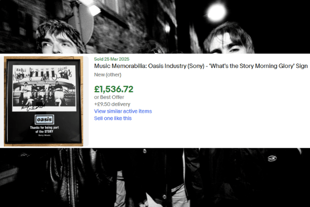 Industry items not available to the public, like this congratulatory sign regarding the release of Oasis' second album, are considered hidden treasure among enthusiasts.