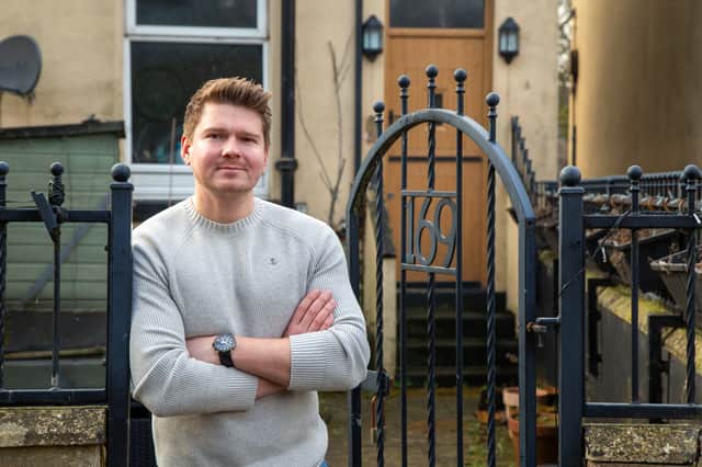 Tom Lord outside the house he bought with his ex before their relationship ended. He has advised couples buying together to sign a mortgage 'prenup'.