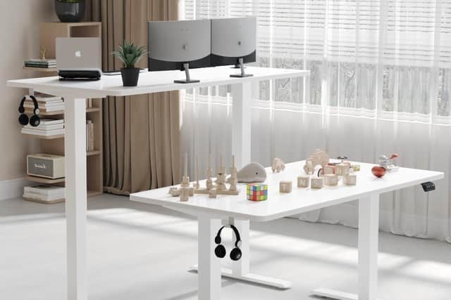 The Devoko desk can be set at two heights, and it switches between them at the touch of a button