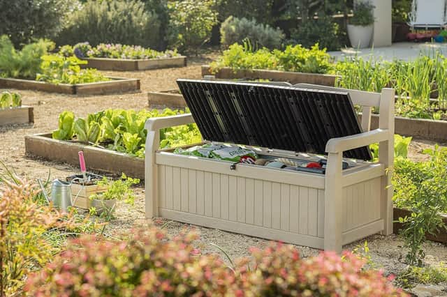 The Keter Eden storage bench can hold 265 litres of garden goods