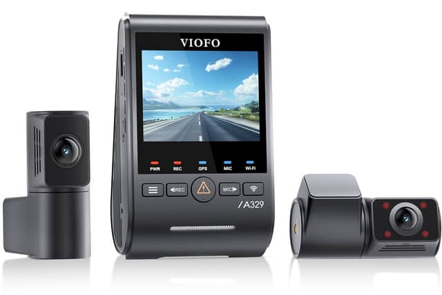 Three cameras means there's one for the road ahead, one for the road behind, and one for the interior