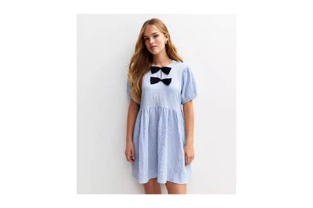 Blue Textured Bow Appliqued Puff Sleeve Mini Dress