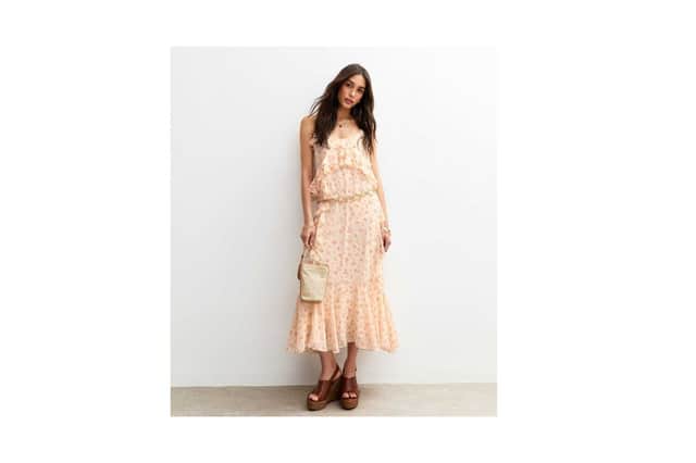 Cream Floral Print Chiffon Midi Dress