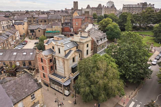 An aerial view of Herald Buildings in the Montpellier Quarter of Harrogate which faces the green grass of the Stray.