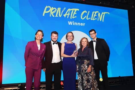 Yorkshire Legal Awards win for Raworths of Harrogate - Suzi Ruffell (Yorkshire Legal Awards host) with Raworths’ Sam Jenner, Alison Walker, Rachel Tunnicliffe and Ryan Carter. Credit Yorkshire Legal Awards. 