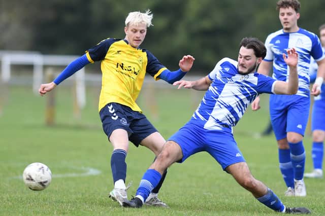 Kirk Deighton Rangers (blue kit) were held to a 1-1 draw by Boroughbridge AFC. Picture: Gerard Binks