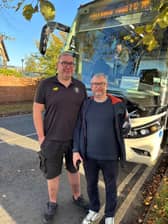 Setting off for FA Cup clash - The Harrogate Advertiser's Graham Chalmers with Jordan Ford, who organises Harrogate Town's away travel.