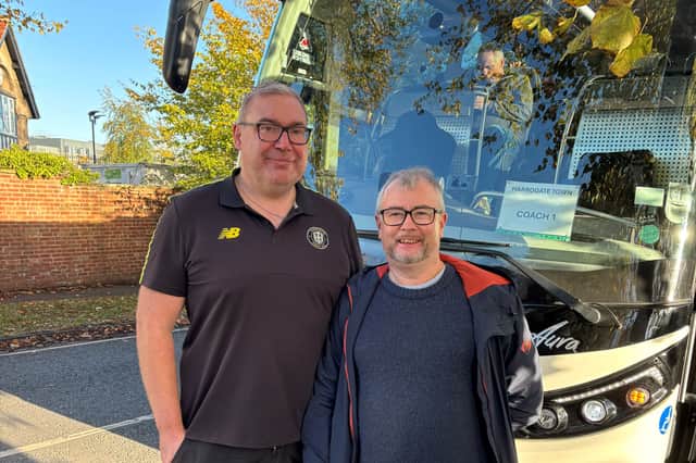 Setting off for FA Cup clash - The Harrogate Advertiser's Graham Chalmers with Jordan Ford, who organises Harrogate Town's away travel.