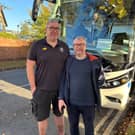 Setting off for FA Cup clash - The Harrogate Advertiser's Graham Chalmers with Jordan Ford, who organises Harrogate Town's away travel.