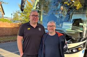 Setting off for FA Cup clash - The Harrogate Advertiser's Graham Chalmers with Jordan Ford, who organises Harrogate Town's away travel.