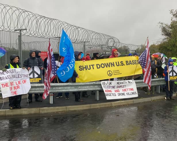 Despite heavy rain and strong winds, campaigners staged a demonstration outside RAF Menwith Hill in North Yorkshire on Sunday (October 25), calling for the closure of the military intelligence base