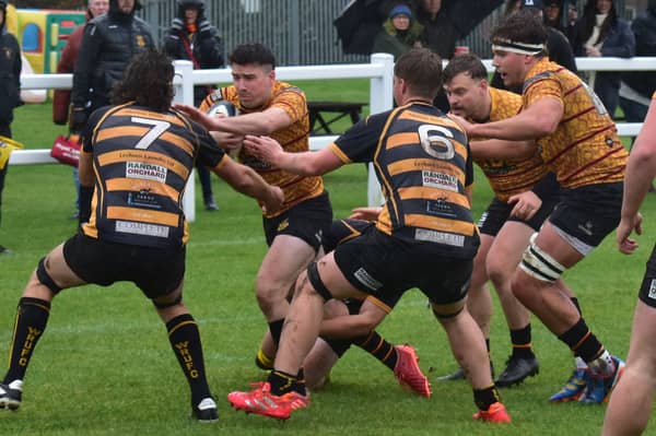 Max Sharp on the attack during Harrogate Pythons RUFC's home defeat to Wensleydale RUFC. Picture: Simon Womersley
