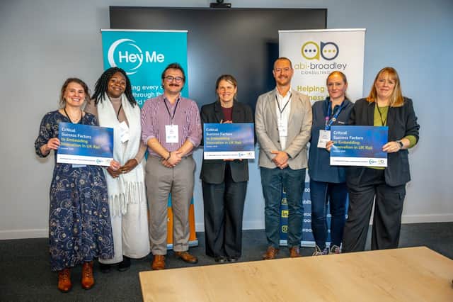Nidderdale innovation in rail launch, from left, Amy Jeffs, Hey Me; Ana Monteiro, Graduate Engineer Siemens; Robert Franklin, COO Trackbase; York Central MP Rachael Maskell; Kyle Stott, Senior Engineering Manager J Murphy & Sons; Christine Lefroy-Owen, Innovation Manager Northern; Abi Broadley, Abi Broadley Consulting.