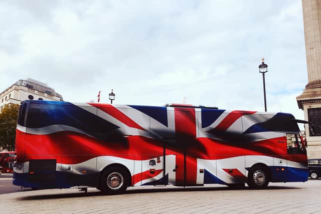 The Italian Job movie tribute - Mark Hinchliffe's coach wrapped in red, blue and white Union Jack livery pictured in London earlier this week.