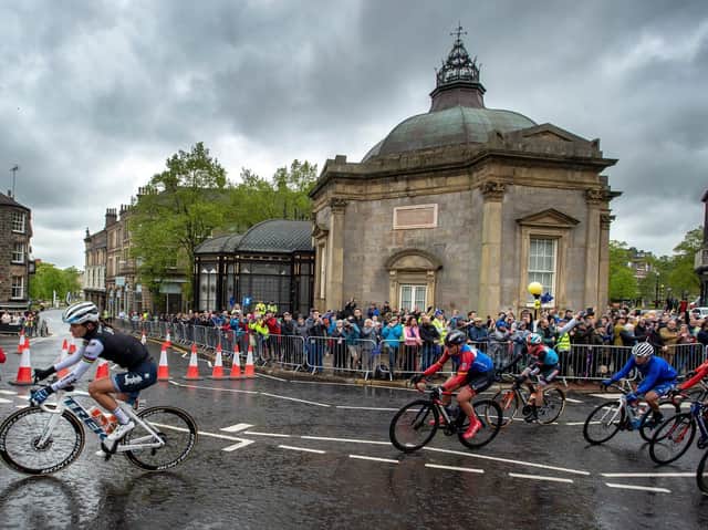 The Tour de Yorkshire peloton racing round the streets of Harrogate earlier this year.