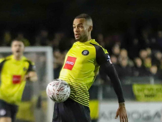 Warren Burrell was shown a controversial red card in Harrogate Town's 2-2 draw with FC Halifax Town. Picture: Matt Kirkham
