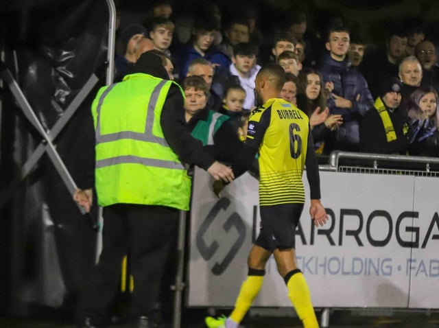 Harrogate Town midfielder Warren Burrell heads down the tunnel and for an early bath after being sent off during the 2-2 draw with FC Halifax Town. Picture: Matt Kirkham