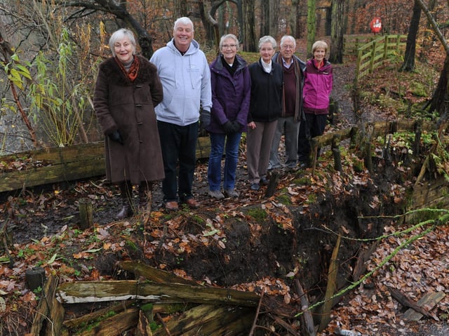 Help! Residents and members of Hookstone and Stonefall Action Group at the crumbliing bridge - Gillian Fernie, James Fernie, Sandie Graville, Isobel Beard, Chris Beard and Helen Norris. Picture: Gerard Binks