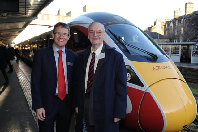 Lunch of the new Azuma train at Harrogate Station - Brian Dunsby from Harrogate Line Supporters, right, with David Horne, managing director of LNER . (Picture Gerard Binks)