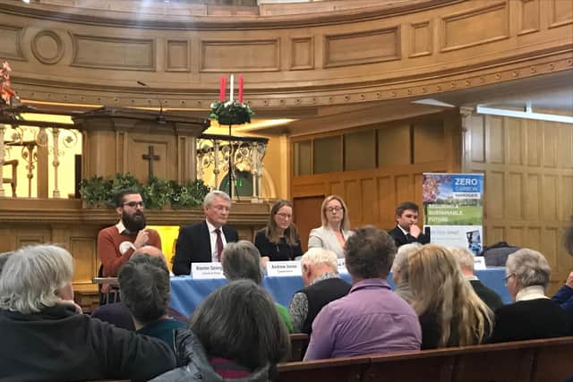 The four Harrogate candidates at the 'green' hustings with Jemima Parker of Zero Carbon Harrogate.