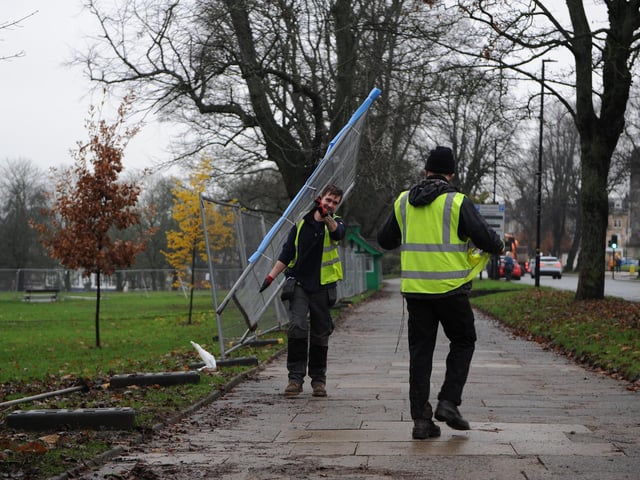 Some of the fencing round the ravaged Stray starting to come down.