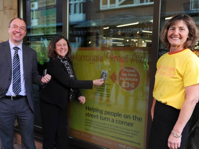Harrogate Street Aid launch - Harrogate Borough Council leader Coun Richard Cooper; Julia Mulligan North Yorkshire Police Fire and Crime Commissioner, and Helen Richardson, the councils community safety officer.