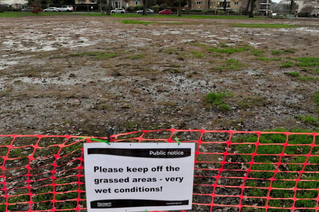 The footpaths across West Park Stray in Harrogate may have been reopened to the public but the site remains a mud bath. (Picture Gerard Binks)
