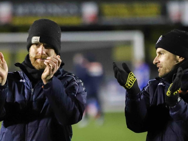 Simon Weaver and Paul Thirlwell applaud the Harrogate Town fans following Saturday's FA Trophy win over Hartlepool United. Picture: Matt Kirkham