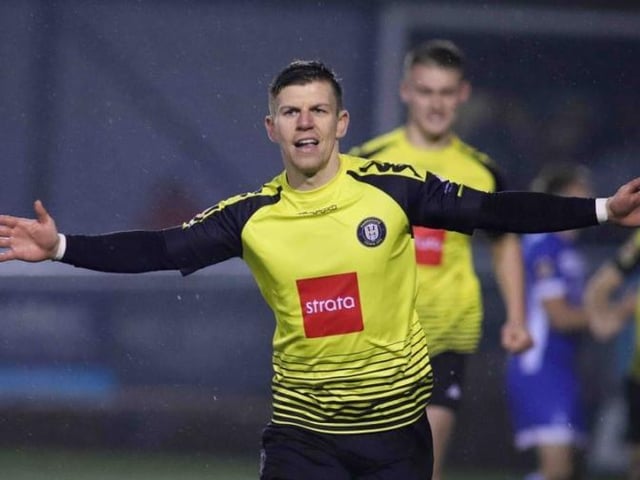 Lloyd Kerry celebrates after putting Harrogate Town 1-0 up against Hartlepool United. Picture: Matt Kirkham