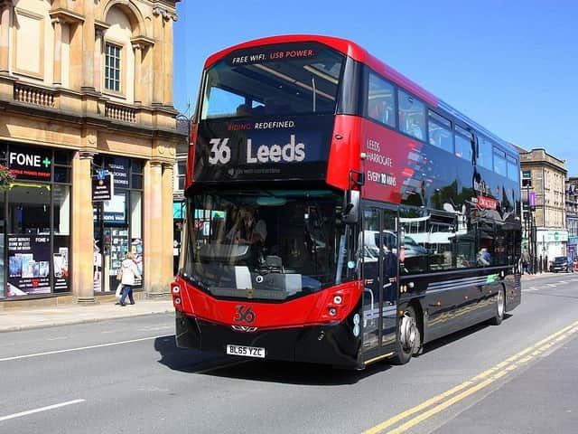 The popular No. 36 bus in Harrogate which runs regularly between Leeds and Harrogate.