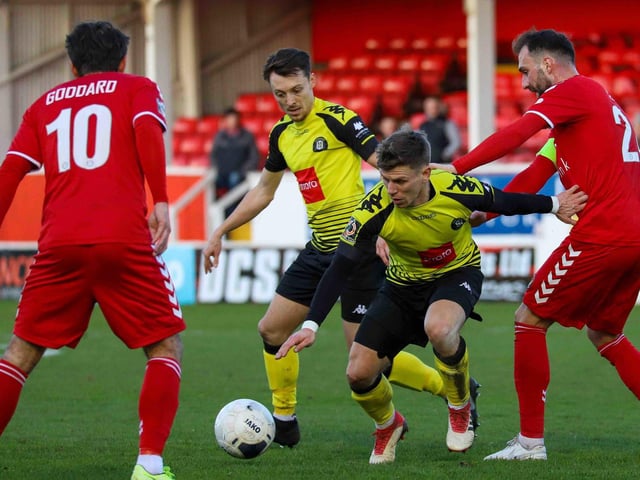 Jack Emmett gets on the ball during Harrogate Town's win at Ebbsfleet United. Picture: Matt Kirkham