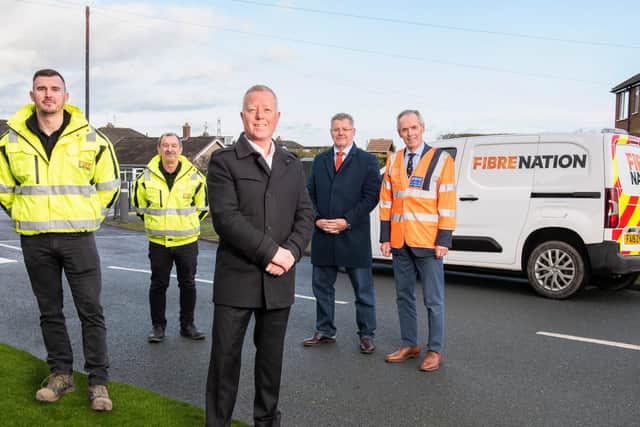 Pictured at this weeks launch are FibreNation workmen John Robson and Paul Russell, Head of Ultrafast Engagement and Rollout at FibreNation Paul Crane, Deputy Leader of Harrogate Borough Council, Coun Graham Swift and Coun Don Mackenzie of North Yorkshire County Council.