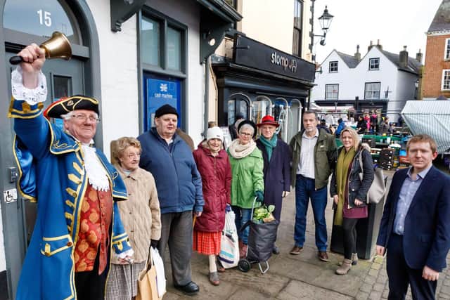 Knaresborough Town Crier with members of Knaresborough Chamber of Trade and disgruntled bankers who are angry about the Halifax closure. Picture: Charlotte Gale Photography.