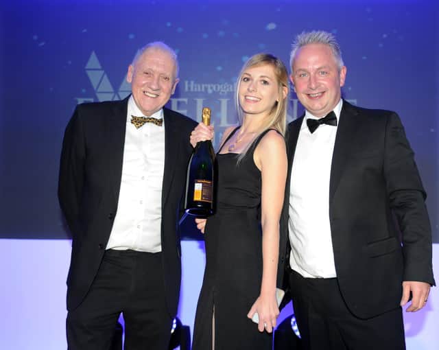 Host Harry Gration MBE (left) and Matthew Stamford of awards sponsor Verity Frearson present the award from Best Selfie of the Evening at last year’s ceremony.