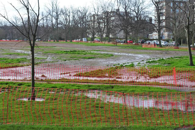The waterlogged, fenced off Stray at West Park in Harrogate pictured today, Monday, February 17 after the weekend's storms and rain.