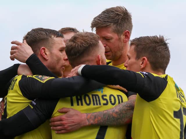 Harrogate Town celebrate after scoring their third goal against Eastleigh at the CNG Stadium. Picture: Matt Kirkham